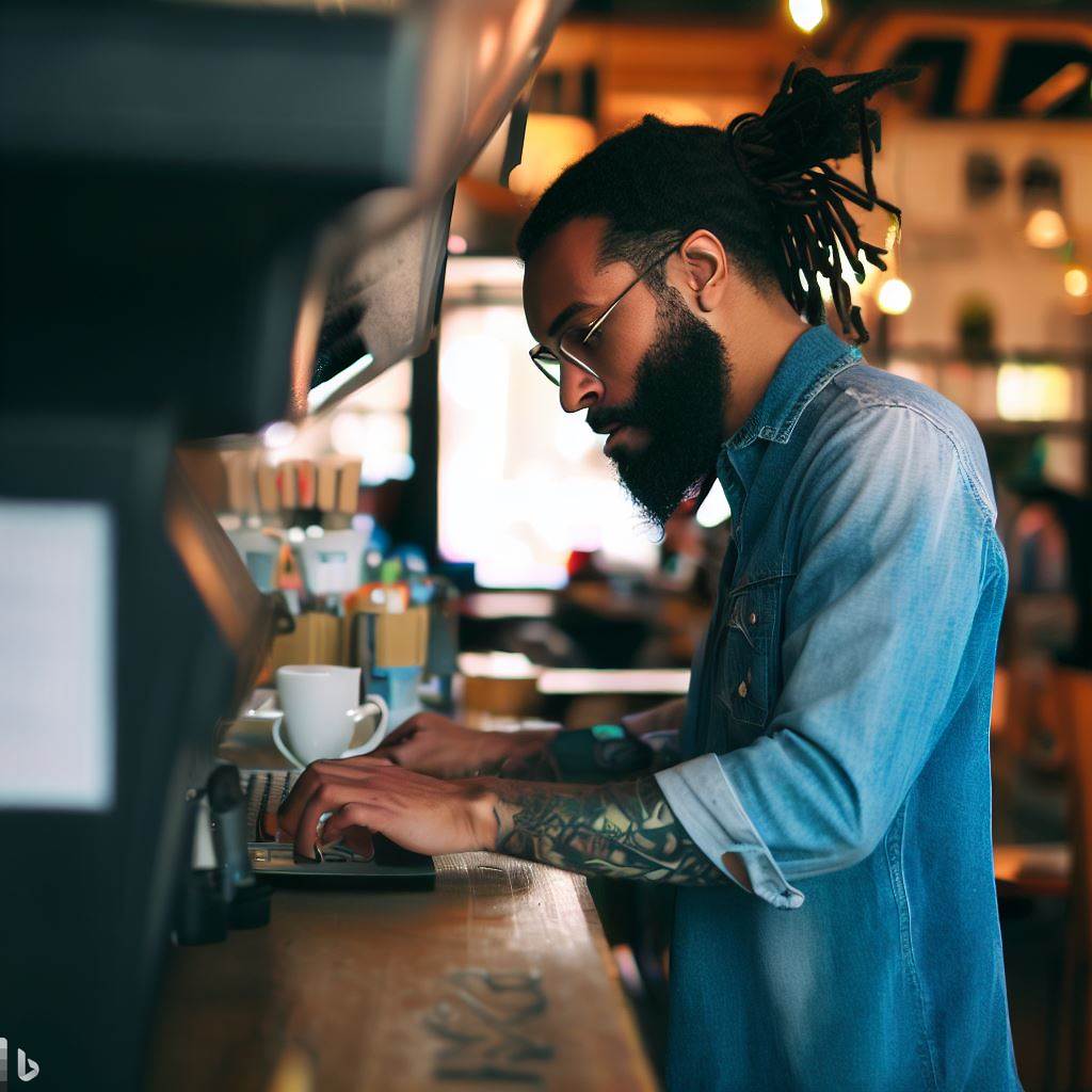 A barista writing code at a coffee shop