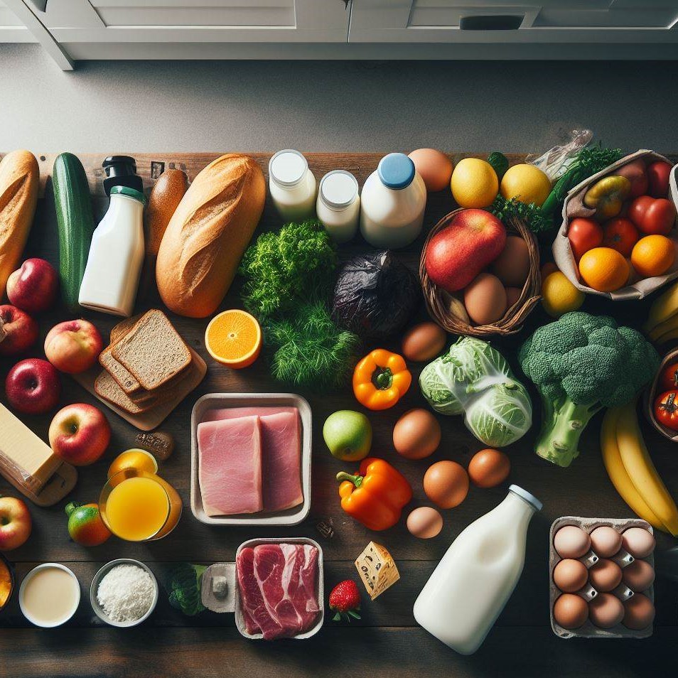 pile of groceries on a counter