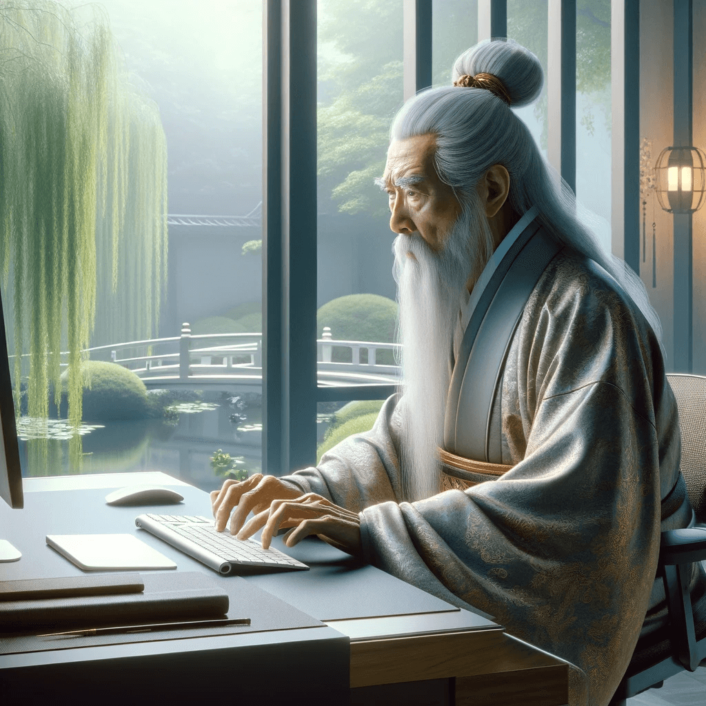 Confucius working at a desk