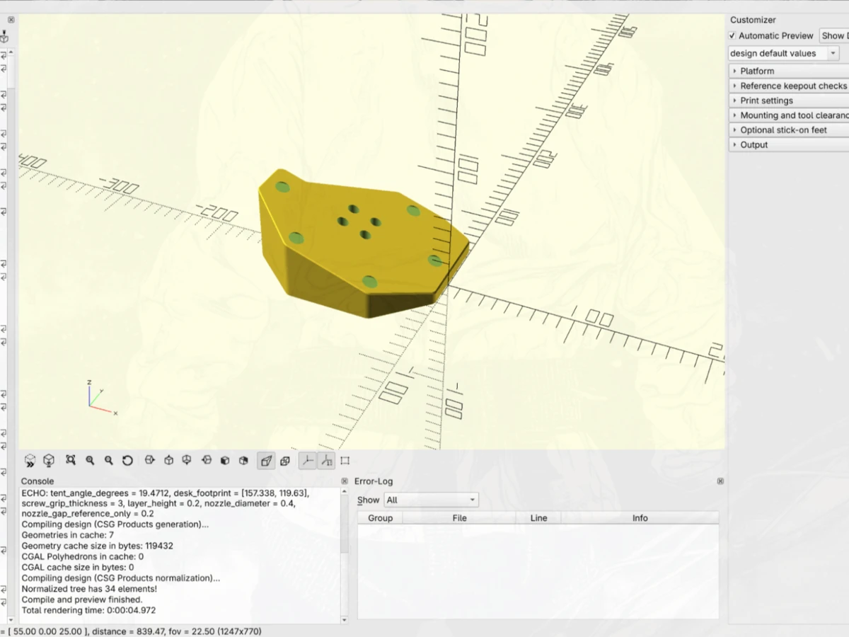Final Moonlander platform model in OpenSCAD with revised edges and mounting holes.